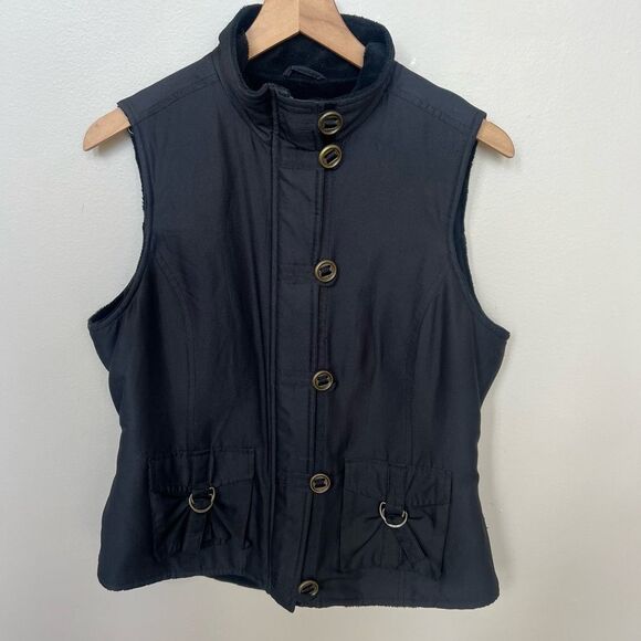 Tribal Black Faux Fur Lined Vest Size Medium Zip Up Buckle Accents - Picture 1 of 11